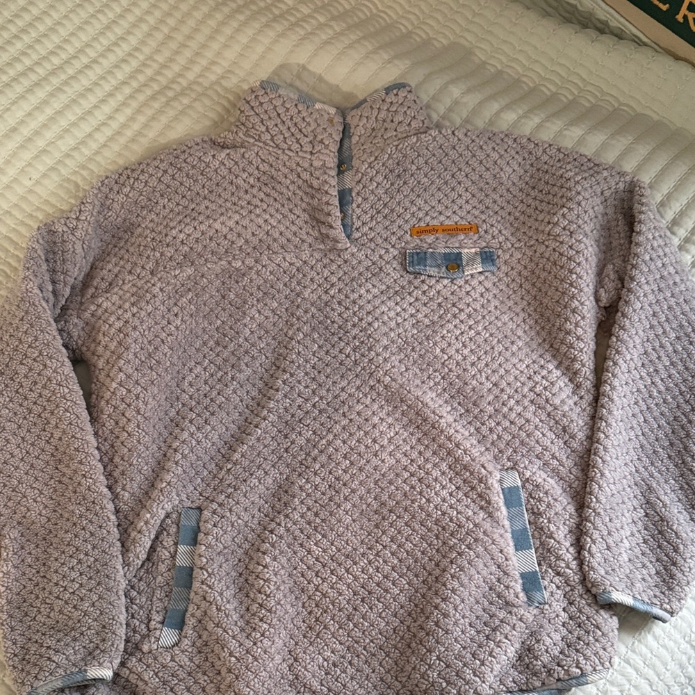 Simply Southern Gray Pullover with Blue Plaid Accent